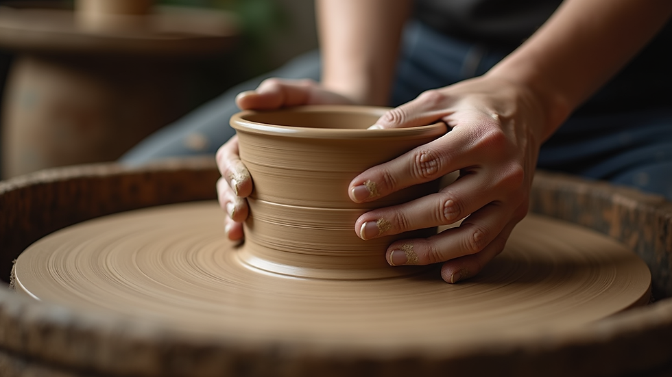 Close-up view of a potter's wheel with freshly shaped clay