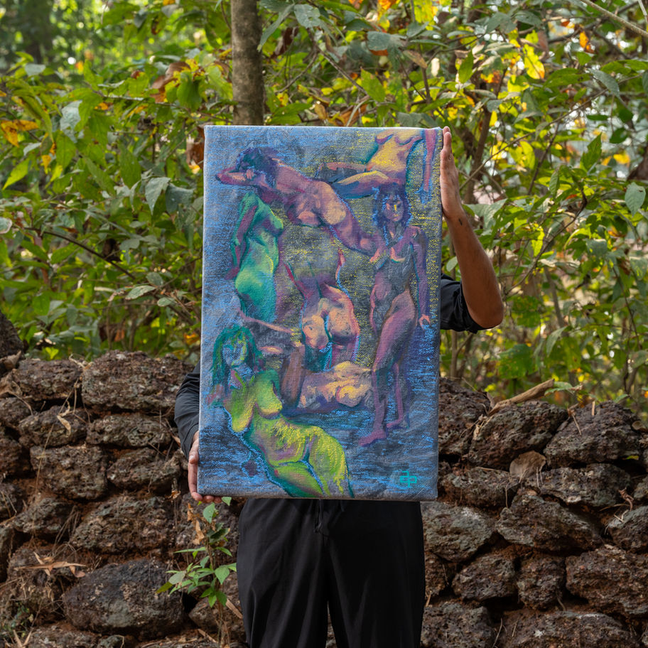 Person holding an abstract oil artwork of nude figures