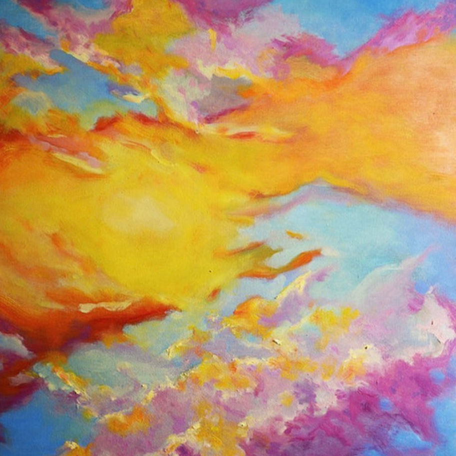 Abstract oil artwork with vibrant yellow, orange, and purple