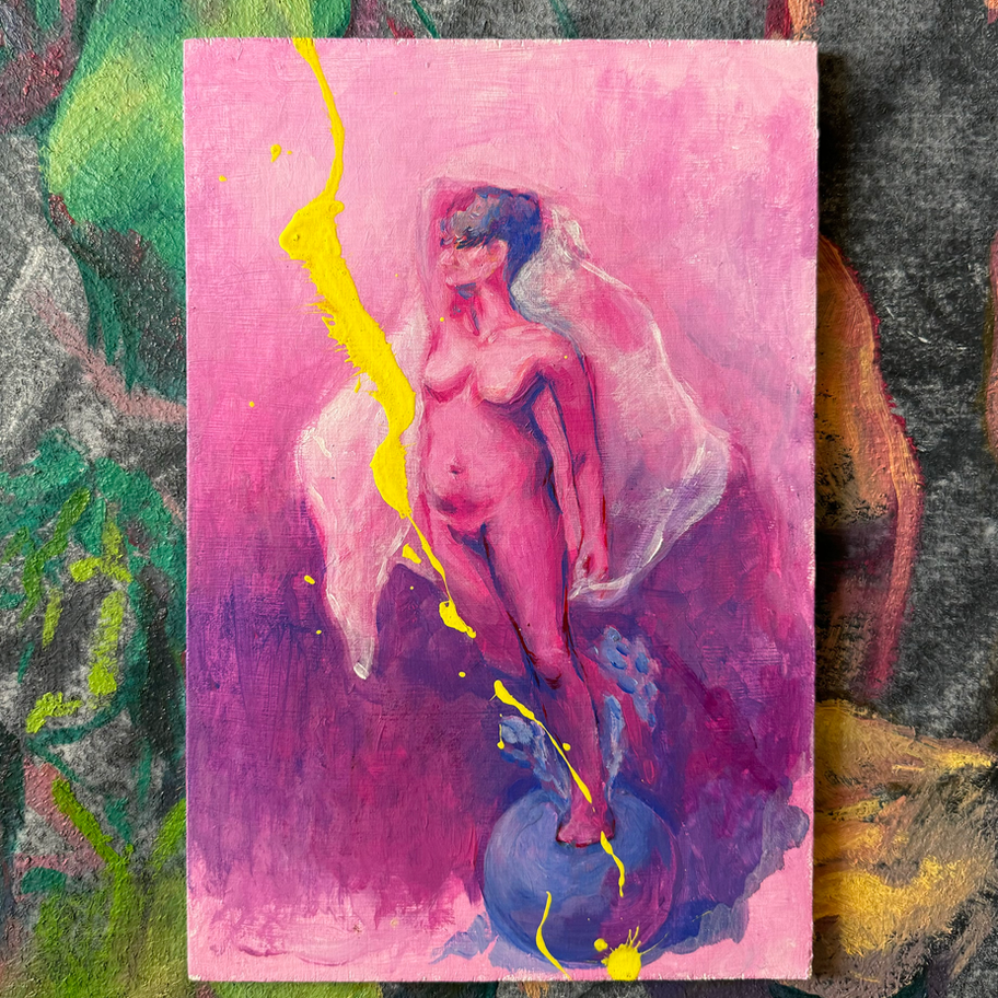 Nude figure emerging in pink acrylic painting on canvas.