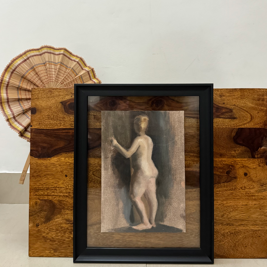 Framed acrylic painting on canvas of a nude figure