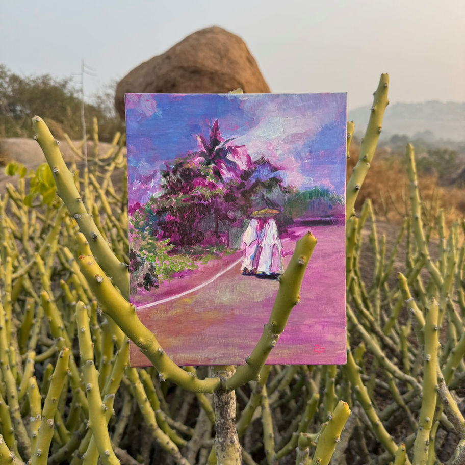 Abstract oil artwork of two figures on a path, framed by plants