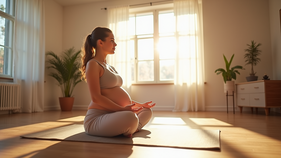 Wide angle view of a pregnant woman doing prenatal yoga in a bright room