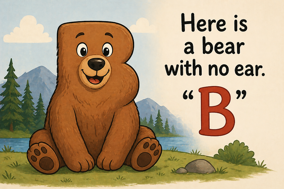 Here is a bear with no ear. “B”