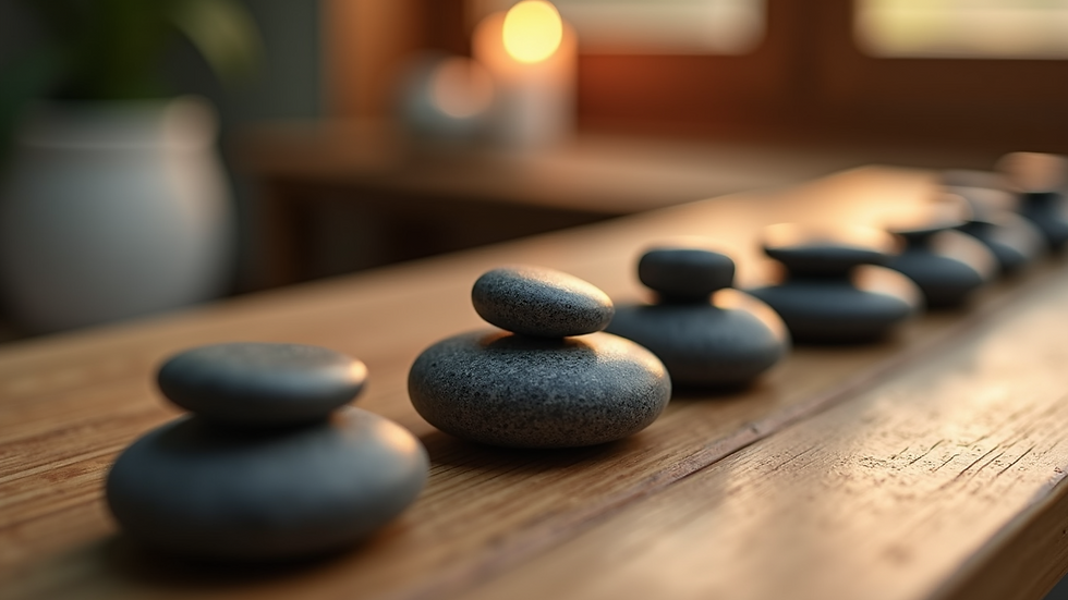 Eye-level view of massage stones arranged on a wooden table