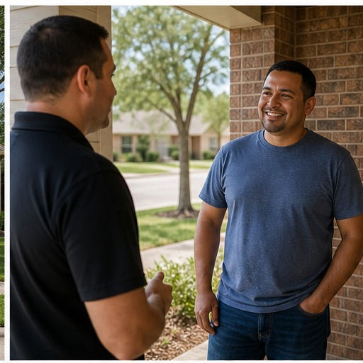Homeowner talking with a local home buyer on a front porch for Houston Home Buyers: Why Sell to Real Estate Investors in 2026?