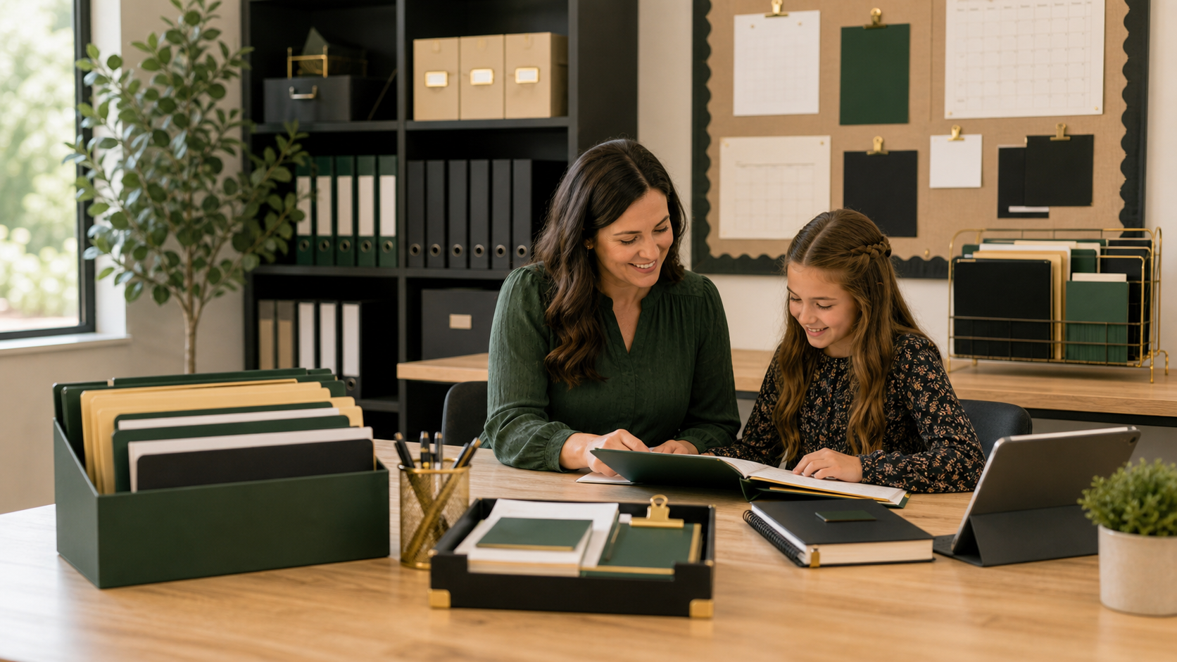 A parent and student reviewing Abundant Life Academy family resources.