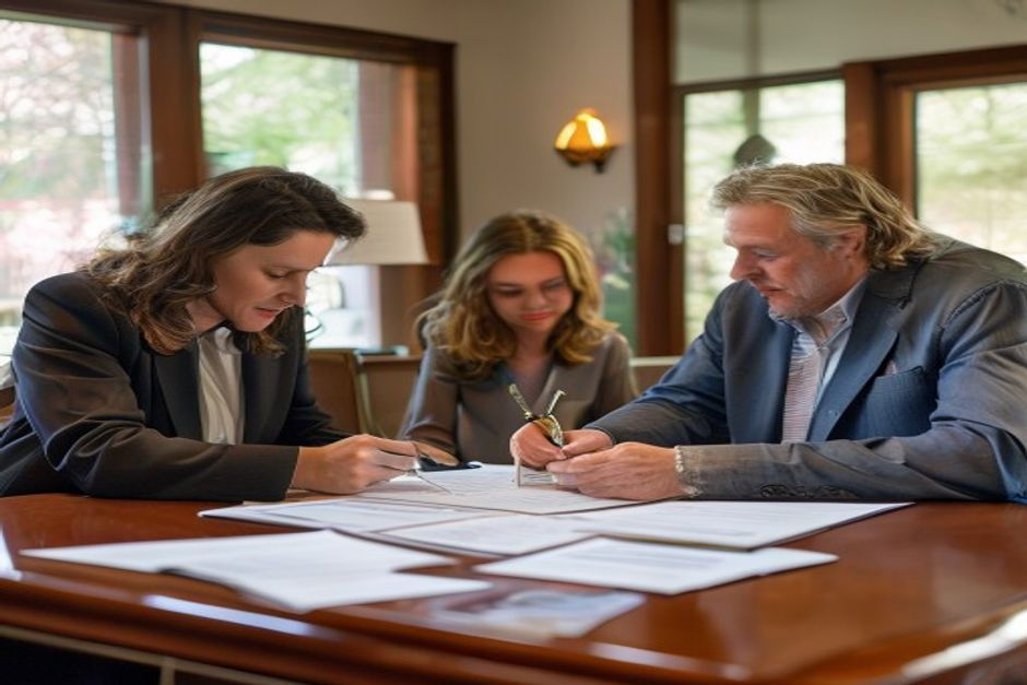 Seller and buyer reviewing closing paperwork at a title table