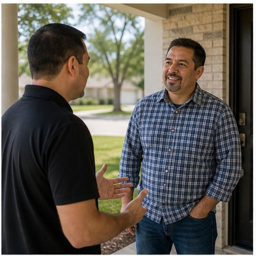 Homeowner talking with a local home buyer on a front porch for Should I Sell My House Fast Conroe? 8 Reasons To Sell Your House Today: 2026 Guide