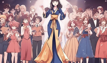 woman on stage announcing winners of prize giveaway, costume contest - anime style.jpg