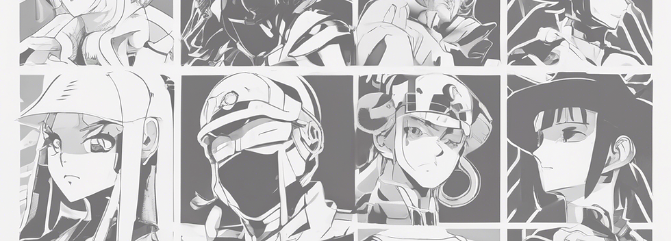 various anime characters in a grid, bold