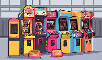 arcade machines, grouped in a warehouse, with lines of people, bright gray background.jp