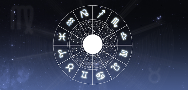 A circular zodiac wheel displaying all 12 zodiac signs