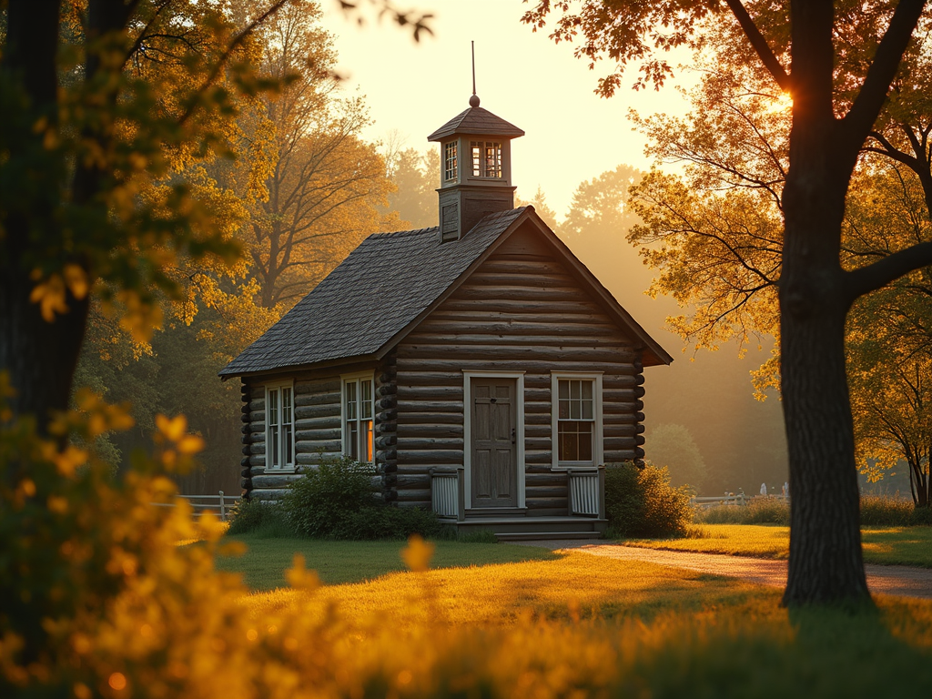 A historic log cabin schoolhouse stands elegantly under the golden light of sunset