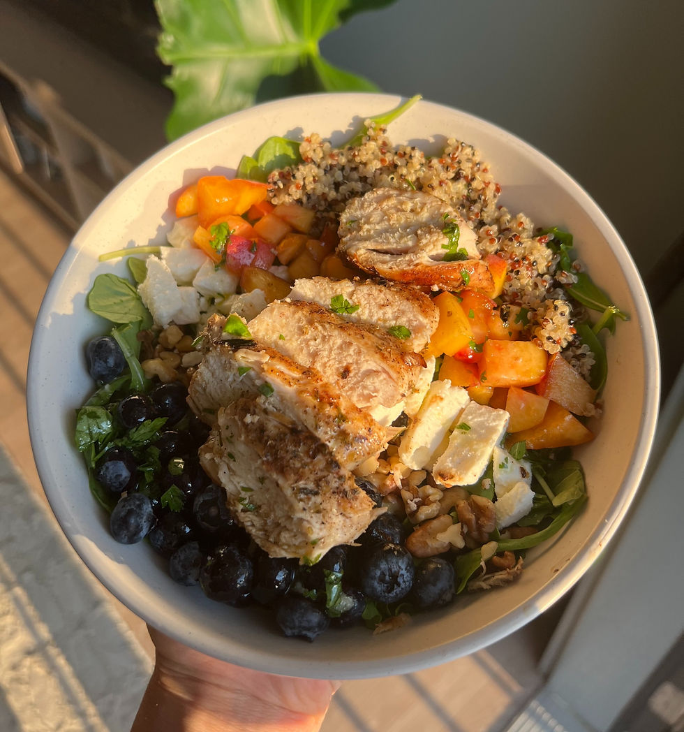 Grain bowl, healthy recipe, peaches and blueberries, arugula