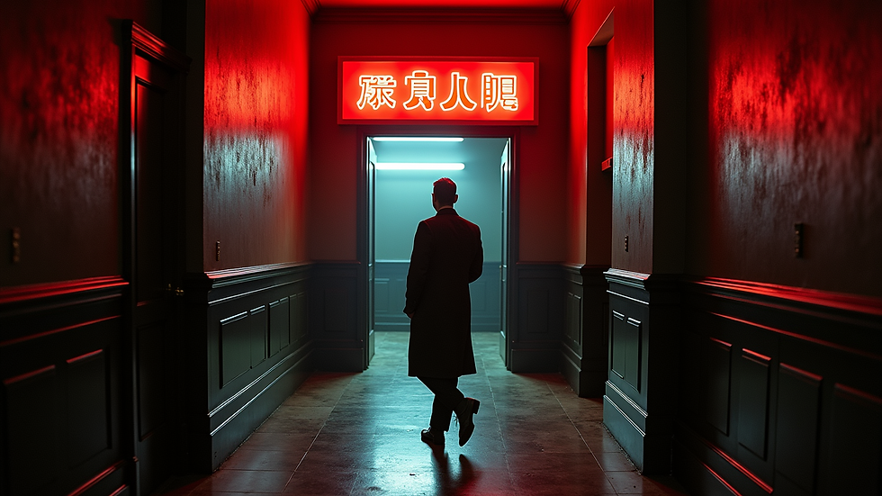 Eye-level view of a nightclub entrance with a bouncer standing guard