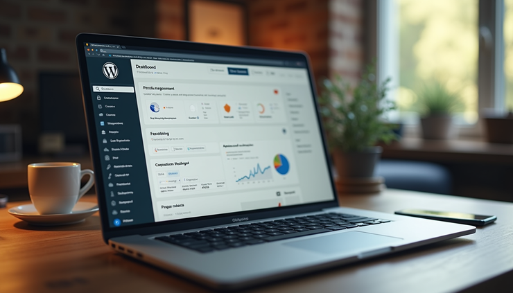 Eye-level view of a laptop displaying a WordPress dashboard on a wooden desk