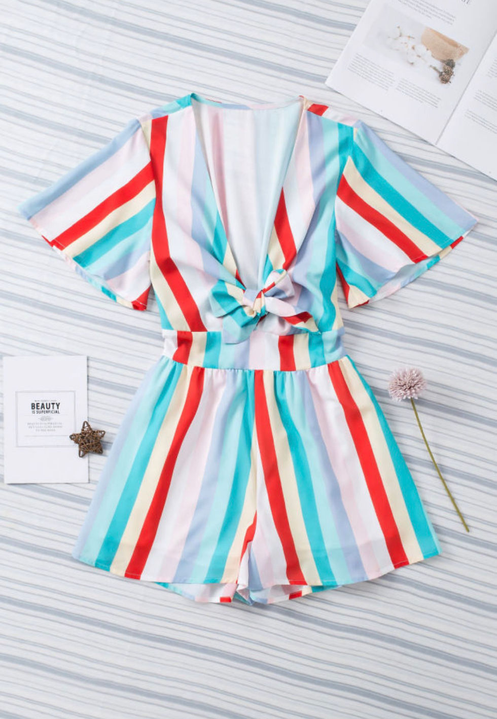 Thumbnail: Sunset Cabana Striped Tie-Front Romper
