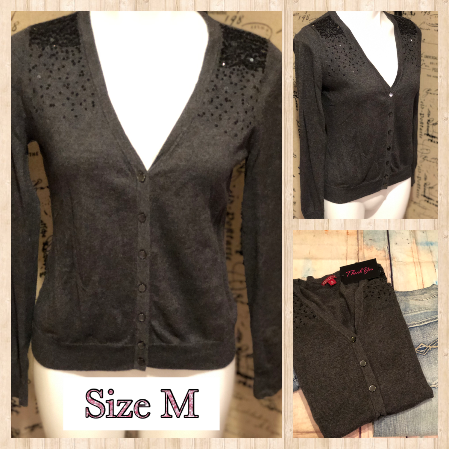 Grey Sequined Cardigan Sweater Size Medium (4-10)