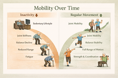 Diagram comparing mobility outcomes over time with regular movement versus prolonged inactivity, showing how reduced movement
