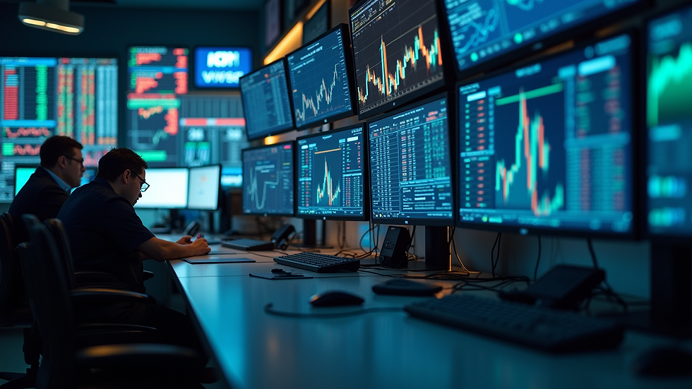 High angle view of a trading desk with multiple monitors displaying market data