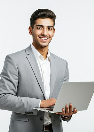 A man in a grey suit is holding a laptop _ Premium AI-generated image.jpg