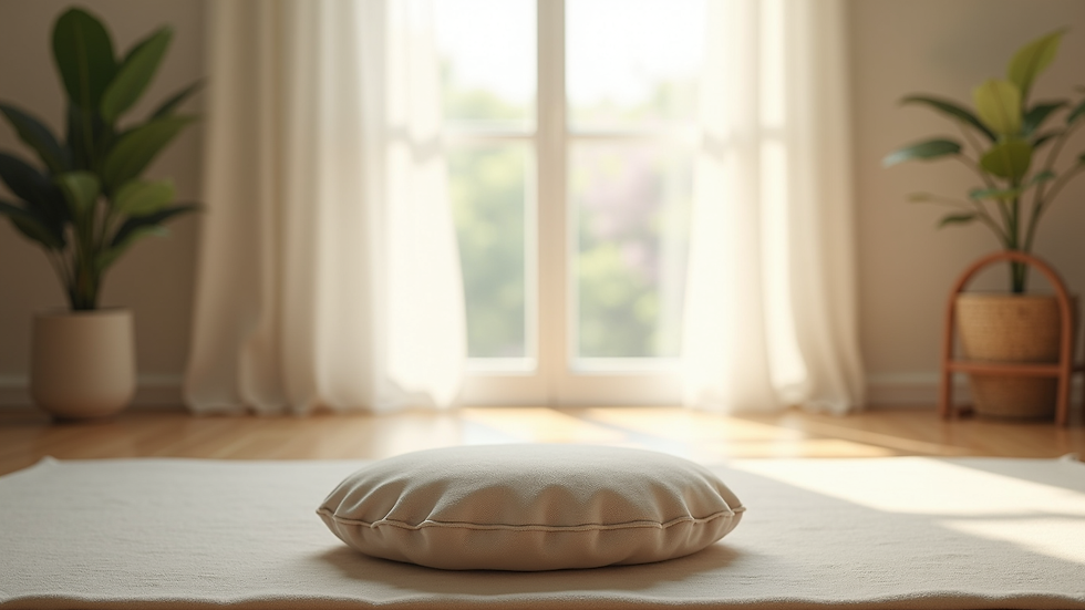 Eye-level view of a calm workspace with a meditation cushion and soft natural light