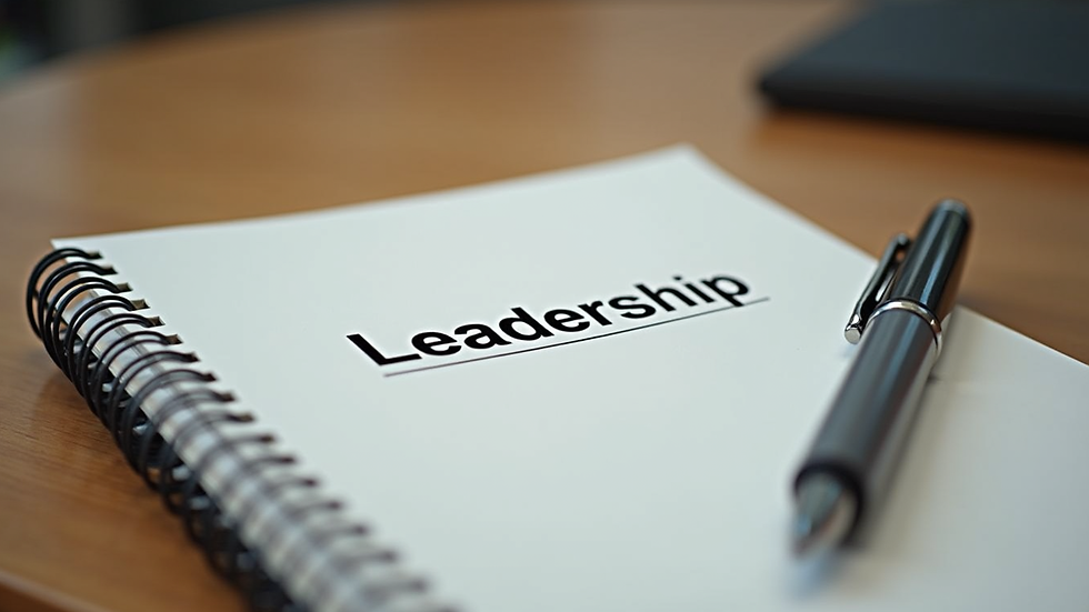 Close-up view of a leadership journal and pen on a wooden table