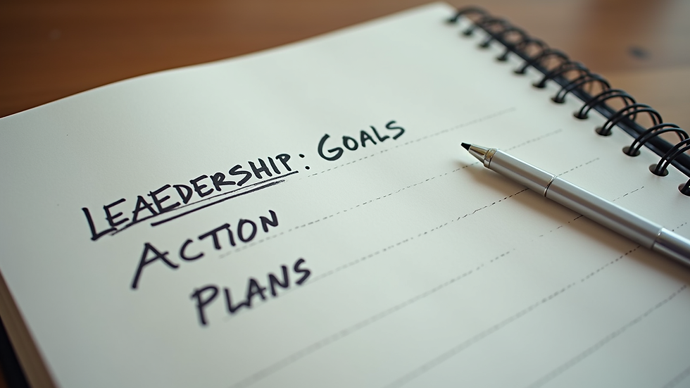 Close-up view of a notebook with leadership goals and action plans written