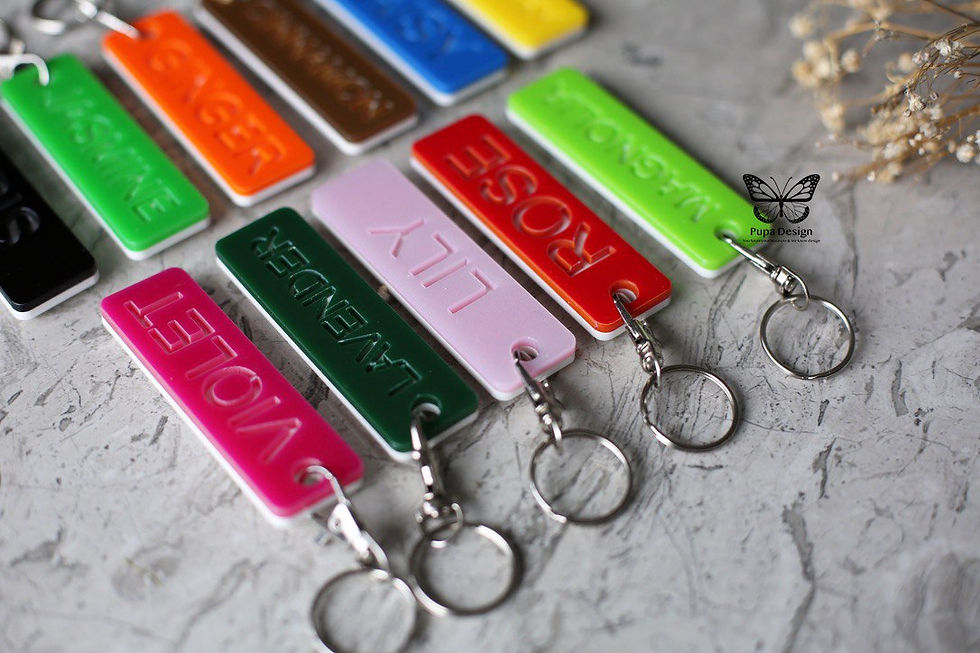 Eye-level view of a collection of colourful acrylic keyrings hanging on a display rack