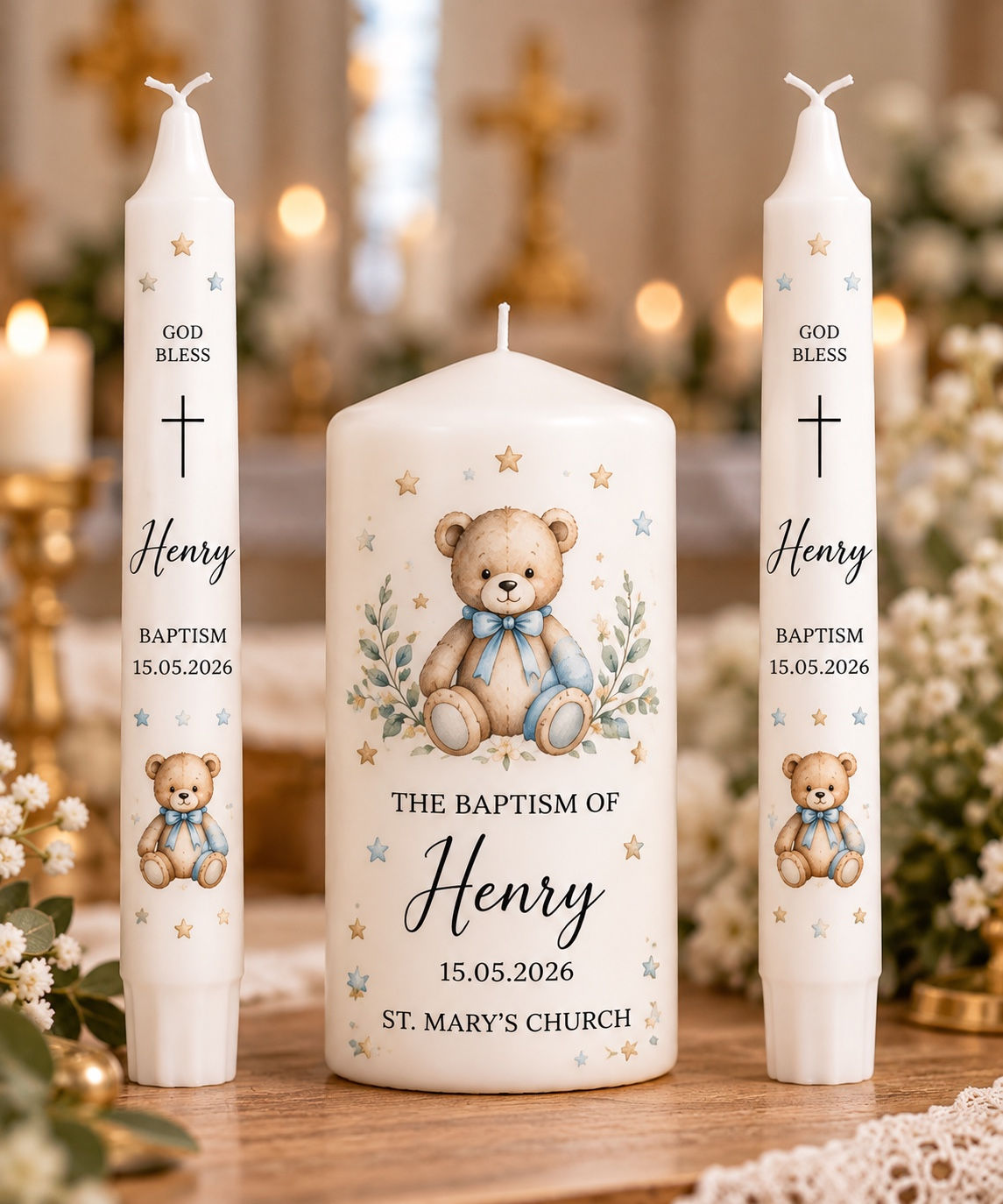 Personalised Baptism Candle Set of 3 – Christening Candles