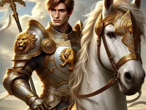 A noble paladin of the Golden Lions mounted on a white warhorse, both adorned with golden lion insignias, ready for battle beneath a dawn-lit sky.
