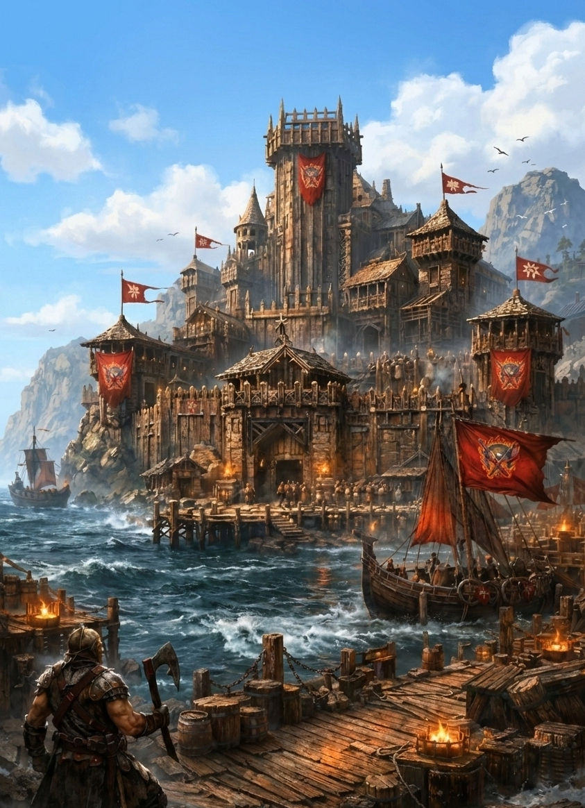 Hatchet, a Tempus-forged fortress city in Shadowstar, rising from a stormy coast with warships, red battle banners, and fortified docks filled with warriors and firelit defenses.