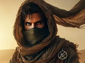 Close-up portrait of a young desert wanderer wrapped in flowing robes and a wind-blown scarf, his intense eyes glinting beneath the fading light of the desert horizon.