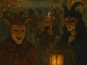 A festive night scene in the city of Portjaw during the Night of Masks. A jester and a masked woman stand in the foreground, while masked citizens fill the medieval streets with music, lanterns, and laughter, honoring the end of tyranny.