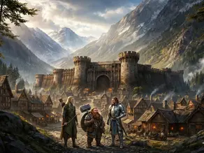 Reikerpass, a fortified mountain city in Shadowstar, set beneath towering peaks with a massive gate, bustling town below, and elves, dwarves, and humans standing together at the crossroads of the pass.