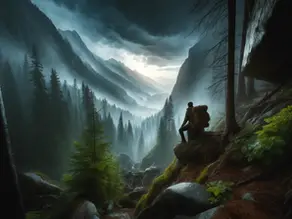 A lone traveler stands upon the storm-swept cliffs of Shadowstar. Behind him rises the faint silhouette of Mount Shadowstar, shrouded in mist. The image evokes solitude, longing, and the perilous beauty of the realm.