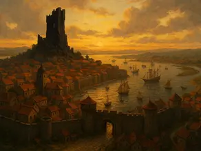 A golden sunset illuminates the fortified port city of Portjaw, nestled along a wide bay. Tall stone walls and red-roofed buildings cluster around a towering black ruin — the shattered spire of Zargath’s tower — rising above the city. Merchant ships with white sails drift across calm waters, while distant hills fade into mist beneath a warm, glowing sky. The scene captures both the city’s beauty and its haunted history.