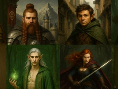 Collage of Shadowstar one-shot heroes featuring a dwarven cleric from Shadowgate, a paladin from Jawguard, a fierce barbarian from Hatchet, an elven sorcerer and an elven ranger from Forestlake, a half-elven bard from Reikerpass, a halfling rogue and a human wizard from Portjaw—ready for character selection in a D&D adventure.