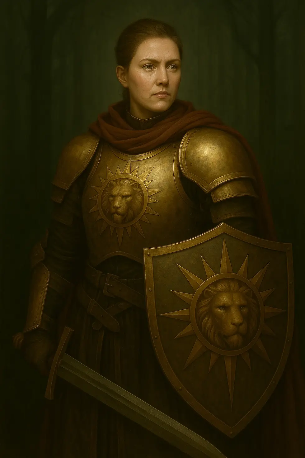 Erica Halcrest of Jawguard in Shadowstar stands resolute in golden lion-crested armor, holding a longsword and shield, embodying the disciplined honor and unwavering vigilance of Torm’s holy defenders.