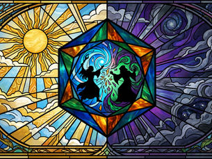 An evocative stained-glass illustration for the Shadowstar homebrew TTRPG world. The central focus is a blue and green multifaceted 'Gem of Containment' trapping two powerful mages, Daegil and Zargath, in a silhouette of eternal conflict. The left side features bright, traditional stained-glass patterns representing the 'Old World' sun, while the right side transitions into deep purples, swirling galaxies, and shadowy mists representing the island’s displacement into the multiverse. 