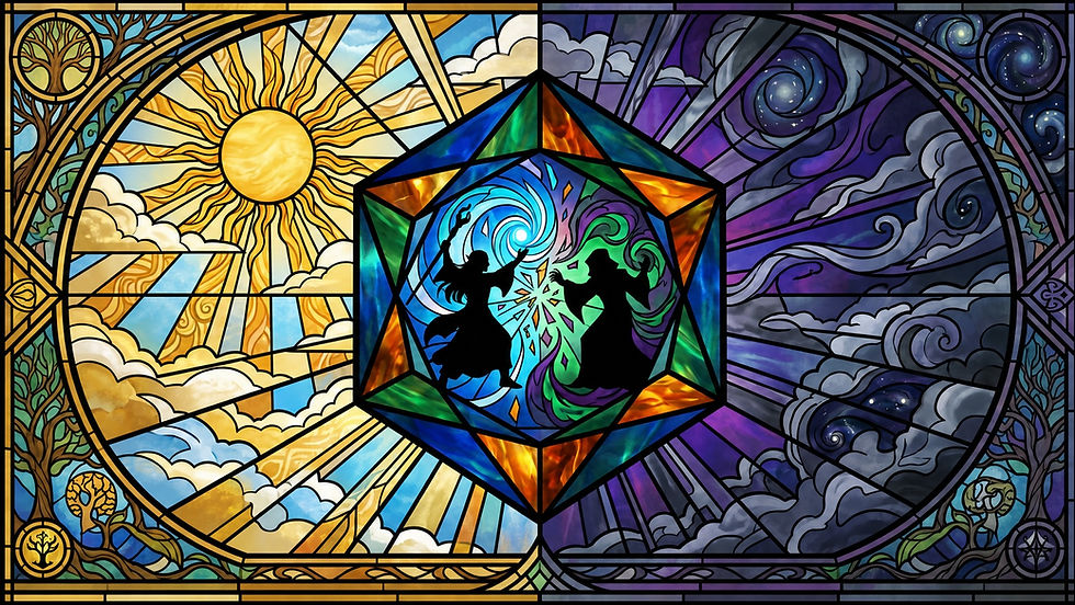 An evocative stained-glass illustration for the Shadowstar homebrew TTRPG world. The central focus is a blue and green multifaceted 'Gem of Containment' trapping two powerful mages, Daegil and Zargath, in a silhouette of eternal conflict. The left side features bright, traditional stained-glass patterns representing the 'Old World' sun, while the right side transitions into deep purples, swirling galaxies, and shadowy mists representing the island’s displacement into the multiverse.