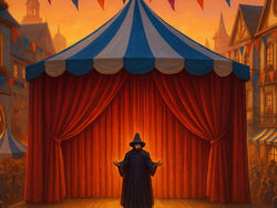 A cloaked and hooded figure stands at the center of a brightly lit stage beneath a blue-and-white striped tent during a lively festival. Red curtains hang behind the performer, colorful banners stretch overhead, and a crowd watches from the warmly lit street lined with medieval-style buildings.