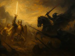 A dramatic fantasy painting of the Battle of Fates, depicting a radiant paladin in golden armor raising a glowing sword against a dark knight on a black horse. The battlefield is engulfed in swirling dust and golden light as soldiers from both sides clash in the background, symbolizing the eternal struggle between light and darkness.