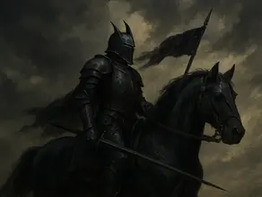 A dark-armored knight sits atop a black warhorse beneath a stormy sky. The knight’s spiked helm and layered plate armor gleam faintly in the dim light, and a tattered black pennon flutters from his lance. The horse stands firm amid swirling clouds, its armor catching the same somber tones as the storm, evoking a mood of power, menace, and foreboding calm before battle.