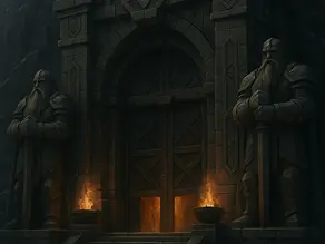 A monumental stone entrance carved into a mountain cliff, flanked by two towering dwarf statues holding great hammers. Warm firelight glows from braziers beside the massive wooden doors, casting shadows across the ancient dwarven architecture.