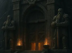 A monumental stone entrance carved into a mountain cliff, flanked by two towering dwarf statues holding great hammers. Warm firelight glows from braziers beside the massive wooden doors, casting shadows across the ancient dwarven architecture.