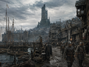 A wide-angle, gritty high-fantasy illustration of the walled coastal city of Portjaw during the Dark Ages. The city architecture is a mix of weathered pre-Cataclysm stone foundations and hastily constructed wooden reinforcements. Along the bustling docks of the great bay, primitive wooden sailing ships and fishing boats are moored. In the muddy streets, human town guards in leather and rusted chainmail patrol past stone tenements, their expressions tense. In the background, looming over the slate rooftops, stands the dark, ominous, and ruined stone tower of the necromancer Zargath, casting a long shadow over the populace.