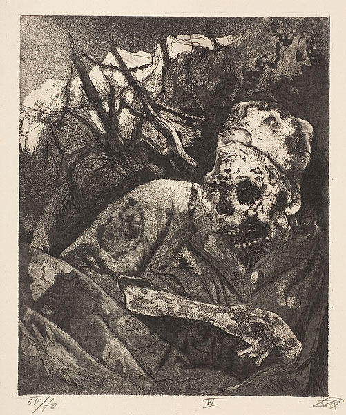 A skeleton wears tattered clothes, lying among twisted branches and shadows, creating a haunting, eerie atmosphere with dark tones.