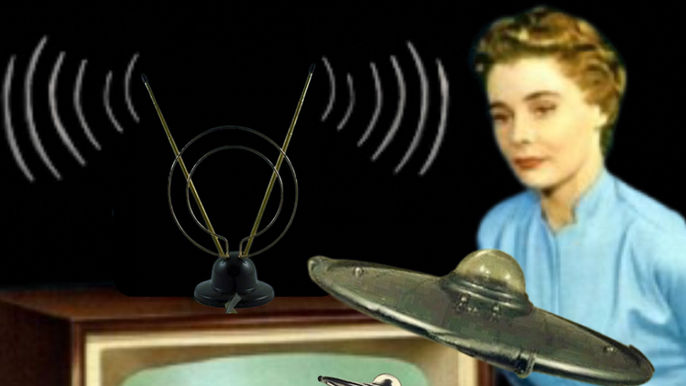 1950s housewife watching television as UFOs emerge from the screen